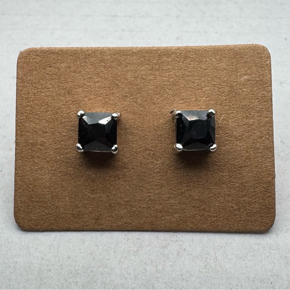 Black Square Faceted Stud Earrings Silver Tone